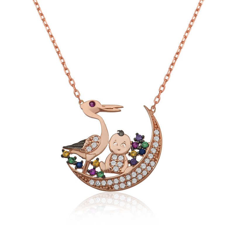 Silver Stork and Baby Women's Necklace