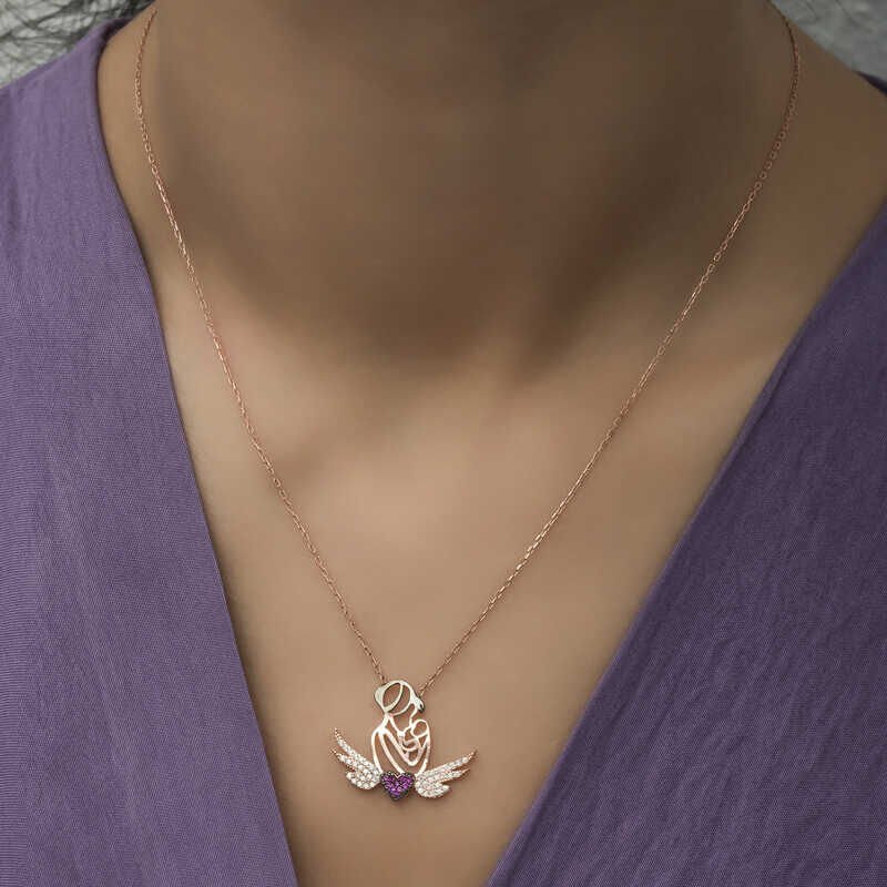 Silver Rose Heart Mother and Child Necklace