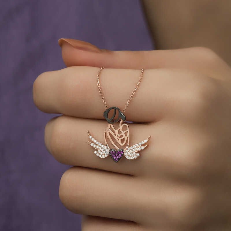 Silver Rose Heart Mother and Child Necklace