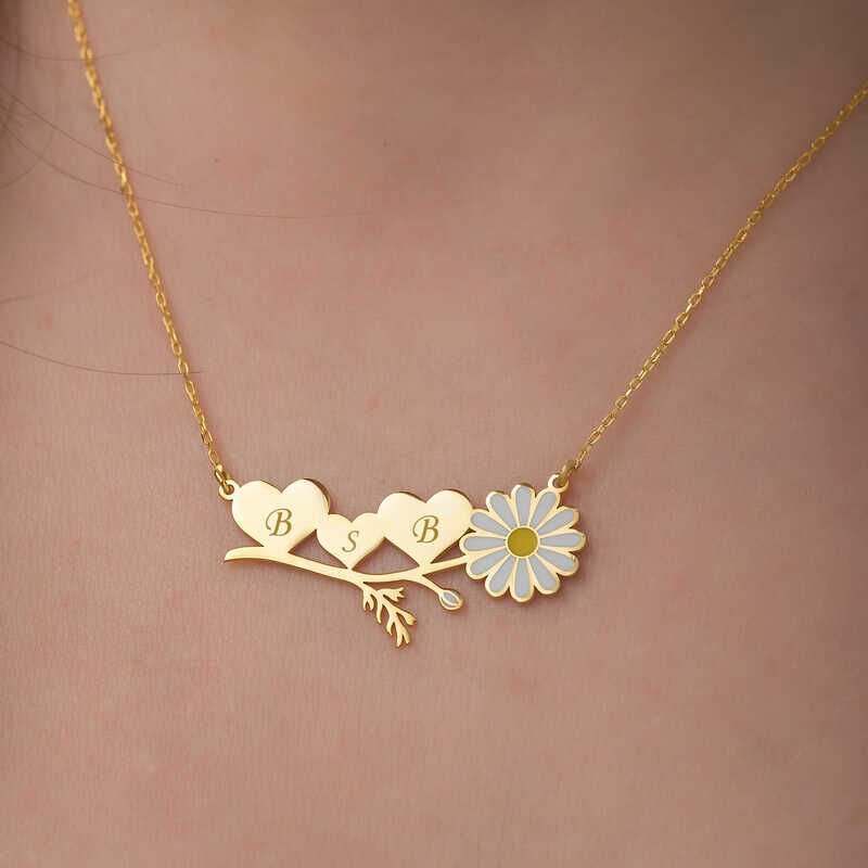 Silver Gold Personalized Heart Daisy Necklace