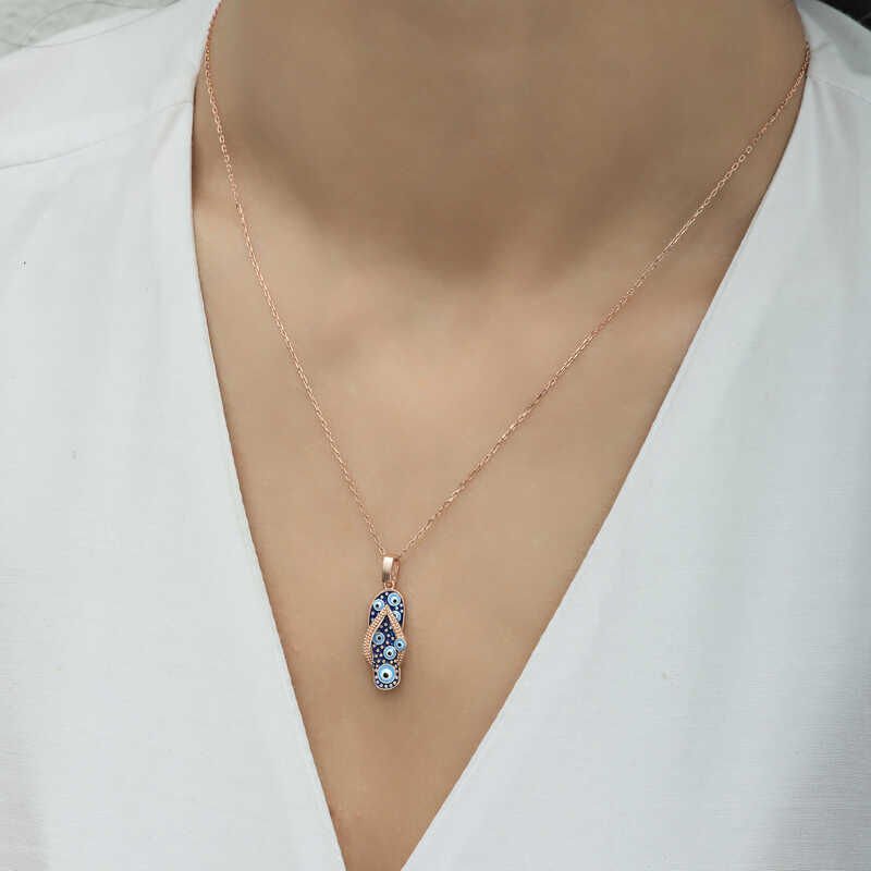 Silver Rose Evil Eye Flip-Flops Women's Necklace