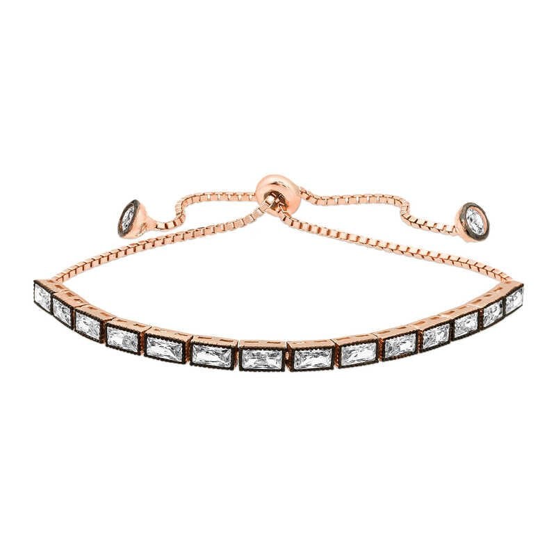 Silver Rose Emerald Cut Diamond Mounted Elevator Bracelet