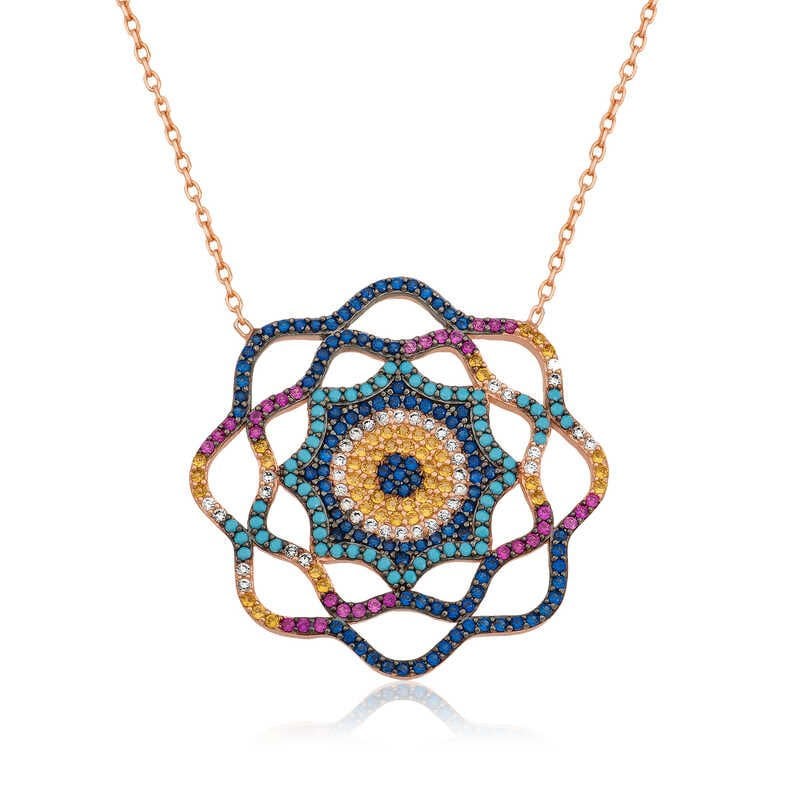 Collar de plata con ojo malvado y sol de la vida para mujer