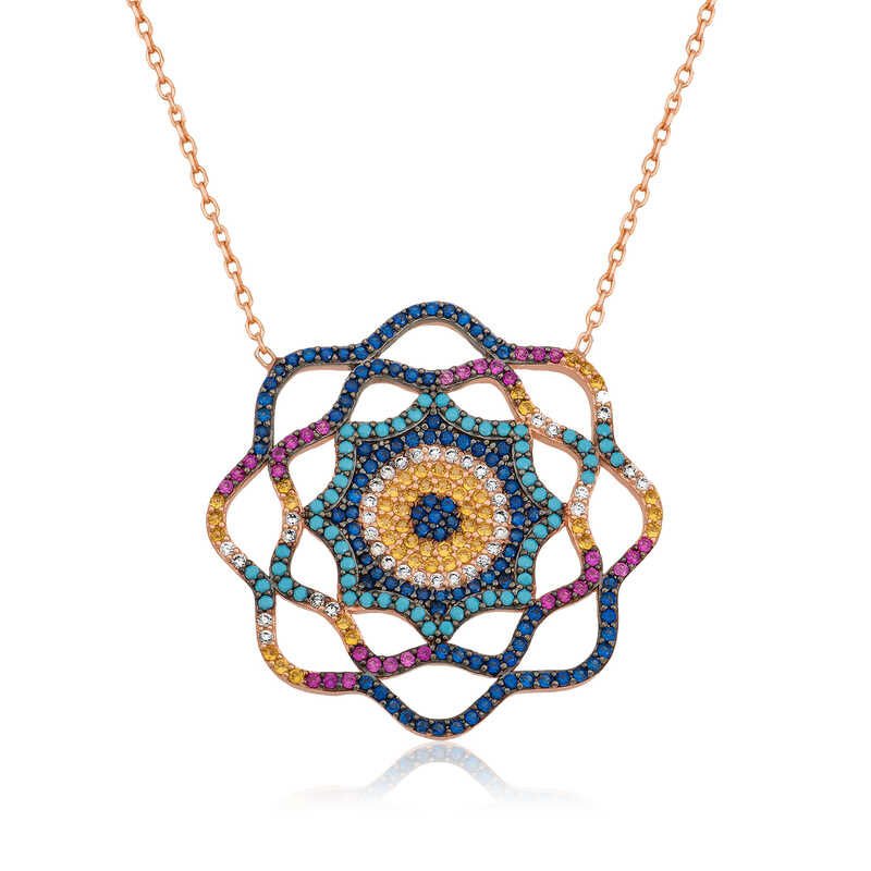 Collar de plata con ojo malvado y sol de la vida para mujer