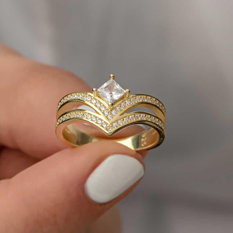 Silver Gold Single Stone Women's Ring