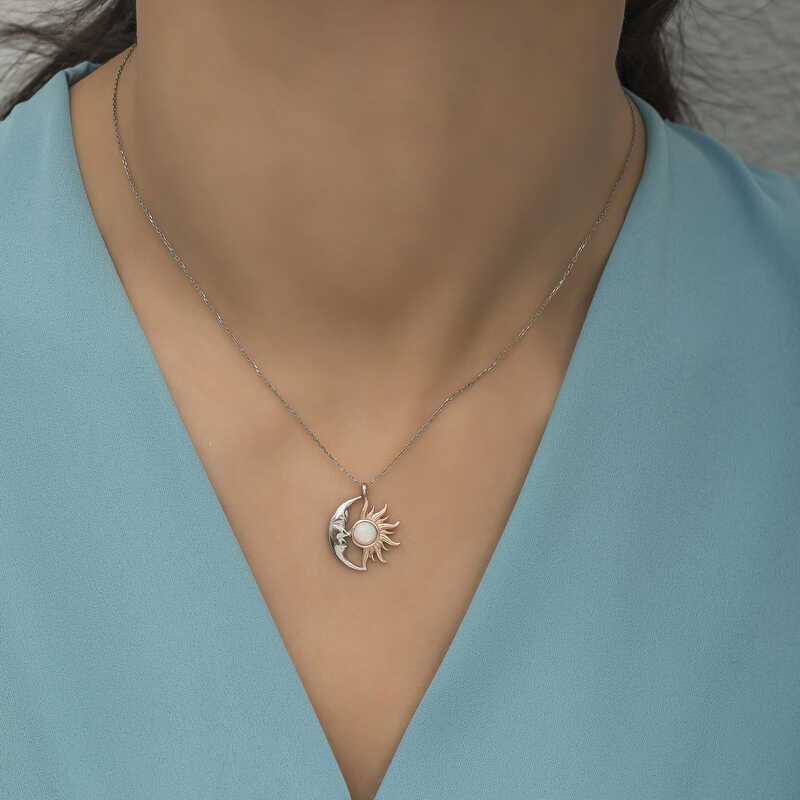Silver Opal White Stone Moon Sun Women's Necklace