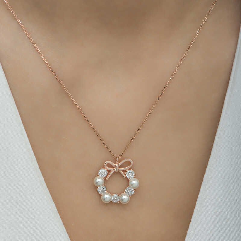 Silver Rose Pearl Ribbon Women's Necklace