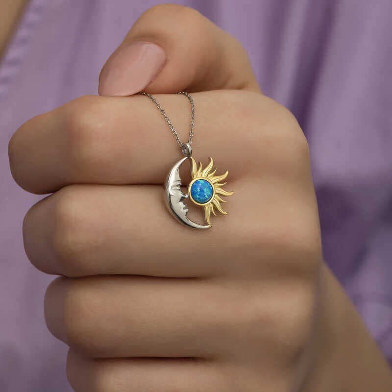 Silver Opal Blue Stone Moon Sun Women's Necklace