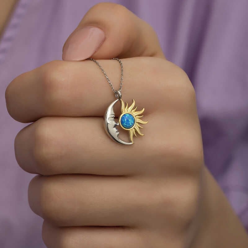 Silver Opal Blue Stone Moon Sun Women's Necklace