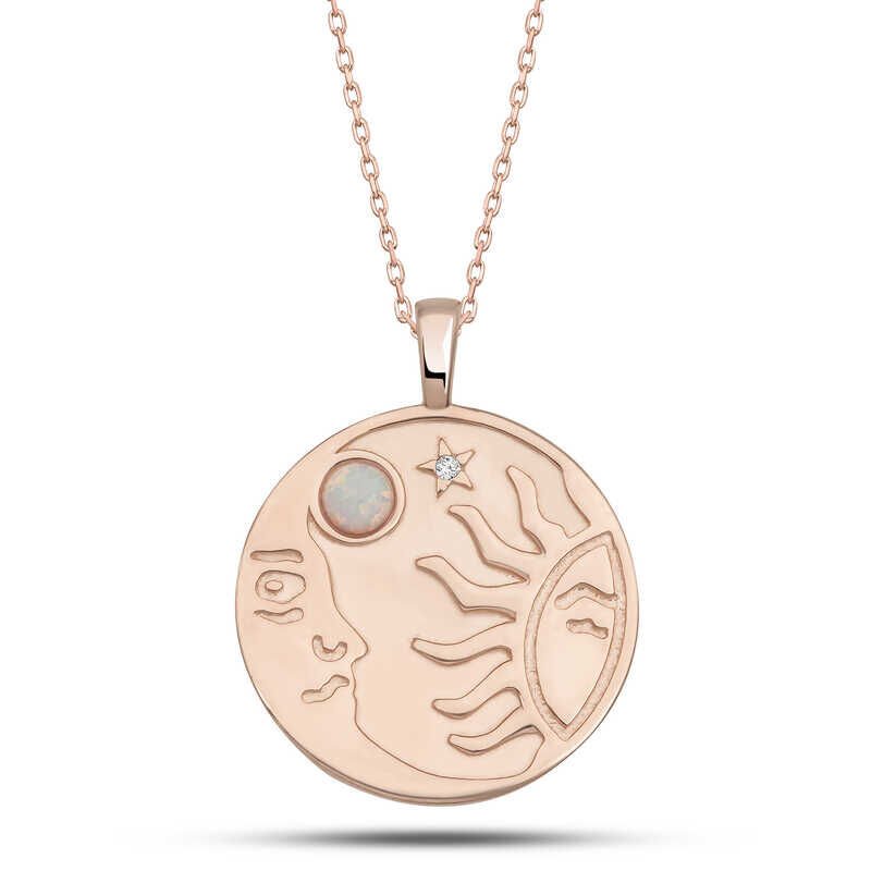 Silver Rose Opal White Stone Moon Sun Women's Necklace