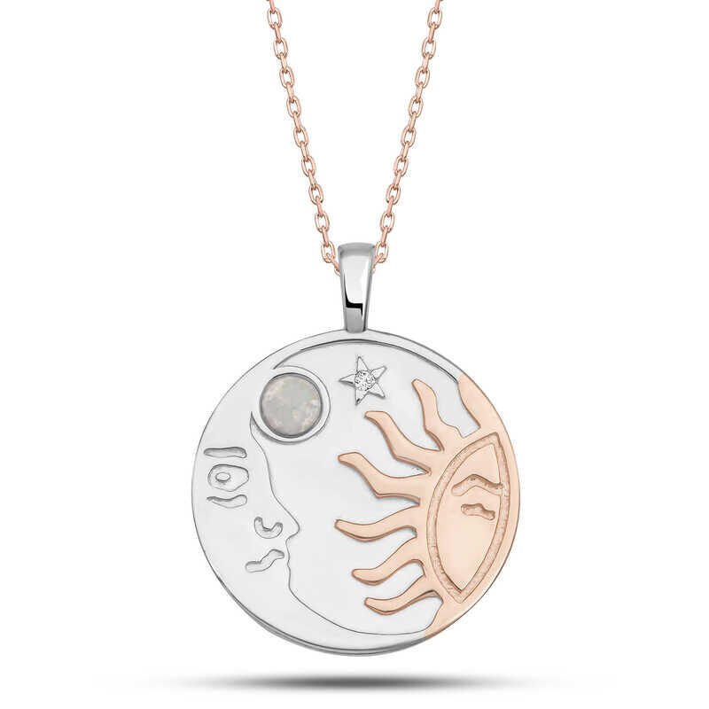 Silver Rose Opal White Stone Moon Sun Women's Necklace