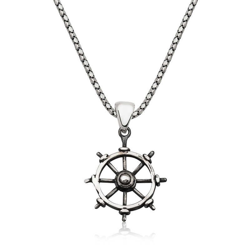 Silver Ship's Wheel Necklace
