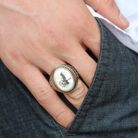 Silver Men's Ring with Tughra on Mother of Pearl