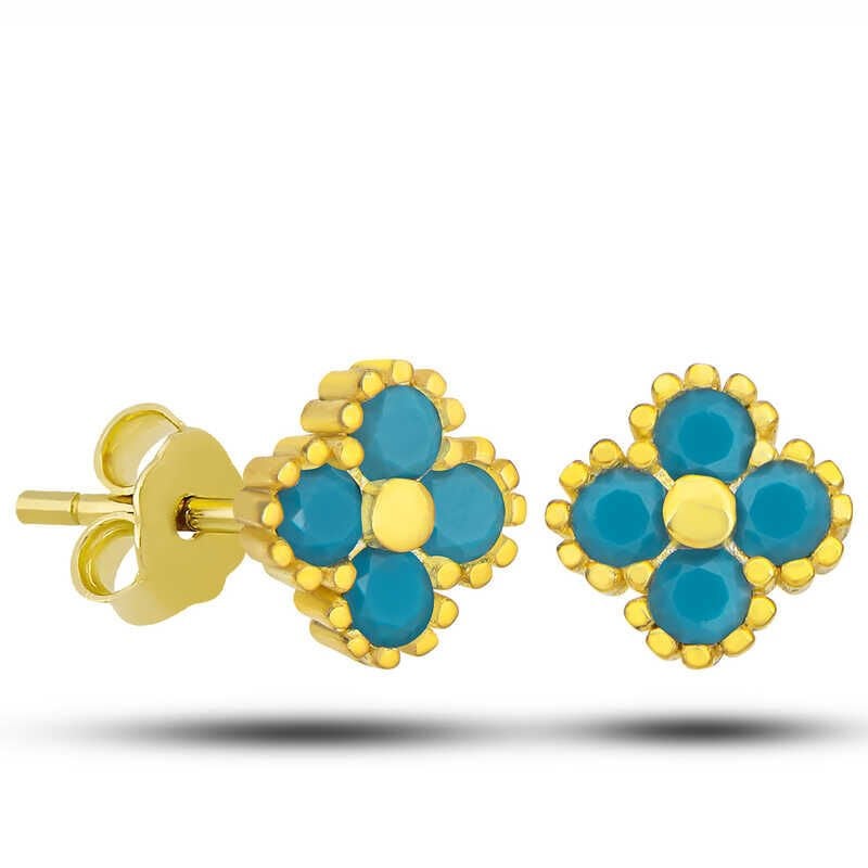 Silver Gold Clover Studded Turquoise Stone Children's Earrings