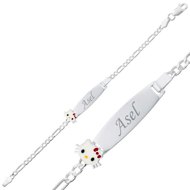 Pulsera infantil con placa de gato de plata