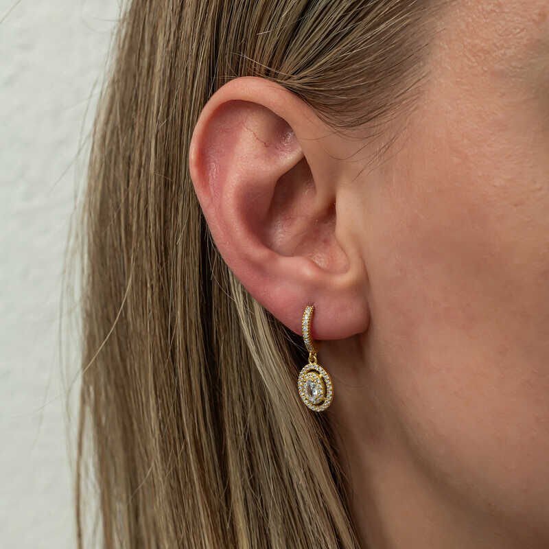 Silver Gold Oval Stone Dangle Earrings