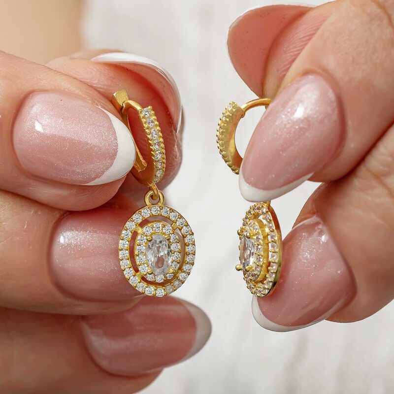 Silver Gold Oval Stone Dangle Earrings