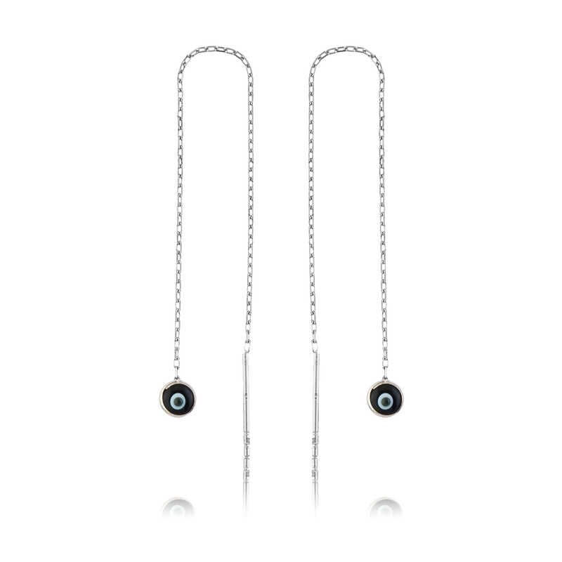 Silver Chain Dark Blue Evil Eye Earring