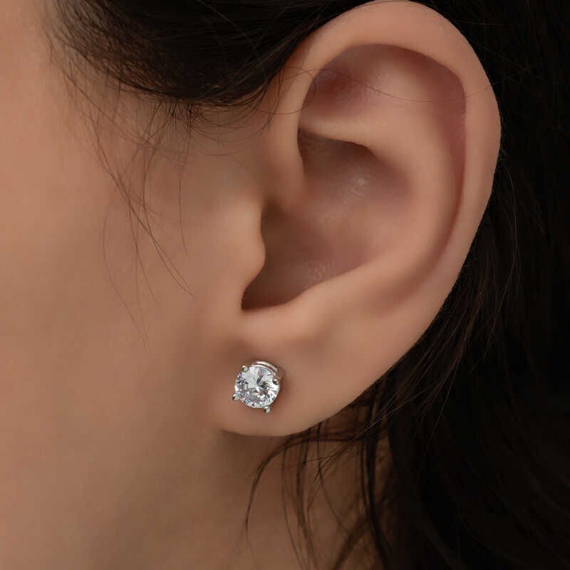 Silver 7 mm White Zircon Single Stone Women's Earring