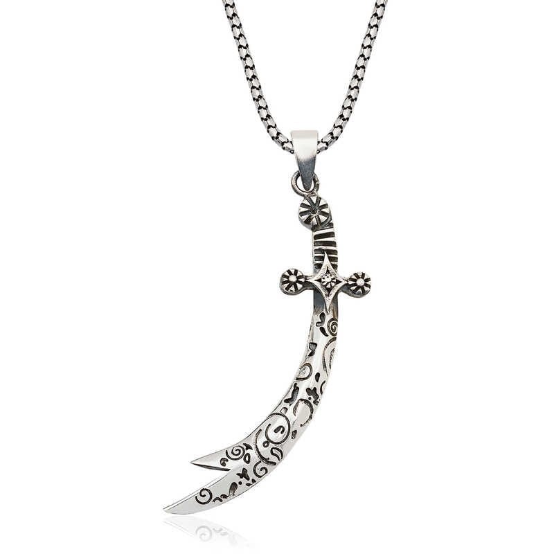 Silver Patterned Zulfiqar Sword Necklace