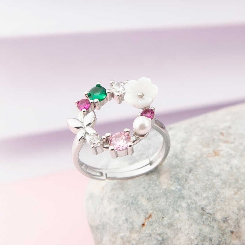 Silver Adjustable Colorful Magnolia Flower Women's Ring