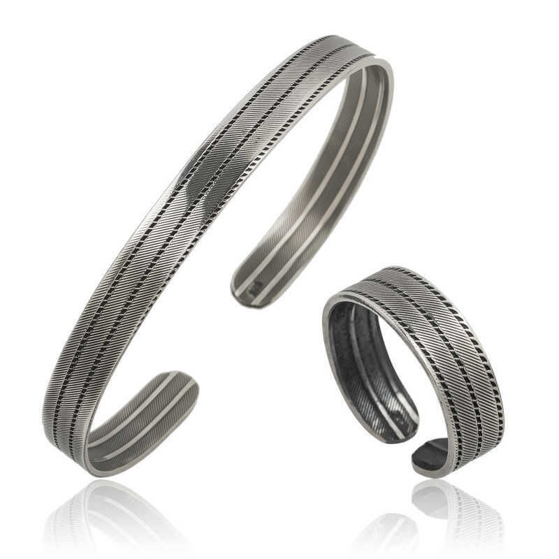 Silver Stripe Patterned Bracelet and Ring Set