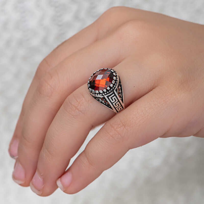 Silver Red Zircon Stone Children's Men's Ring
