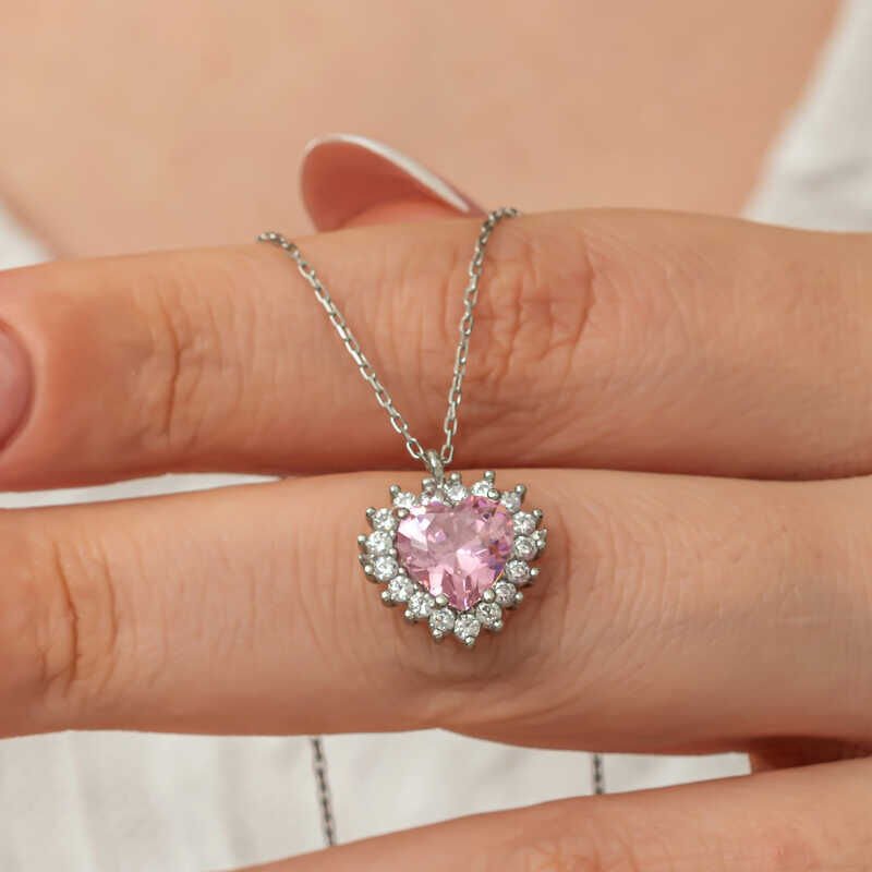 Silver Pink Stone Heart Women's Necklace
