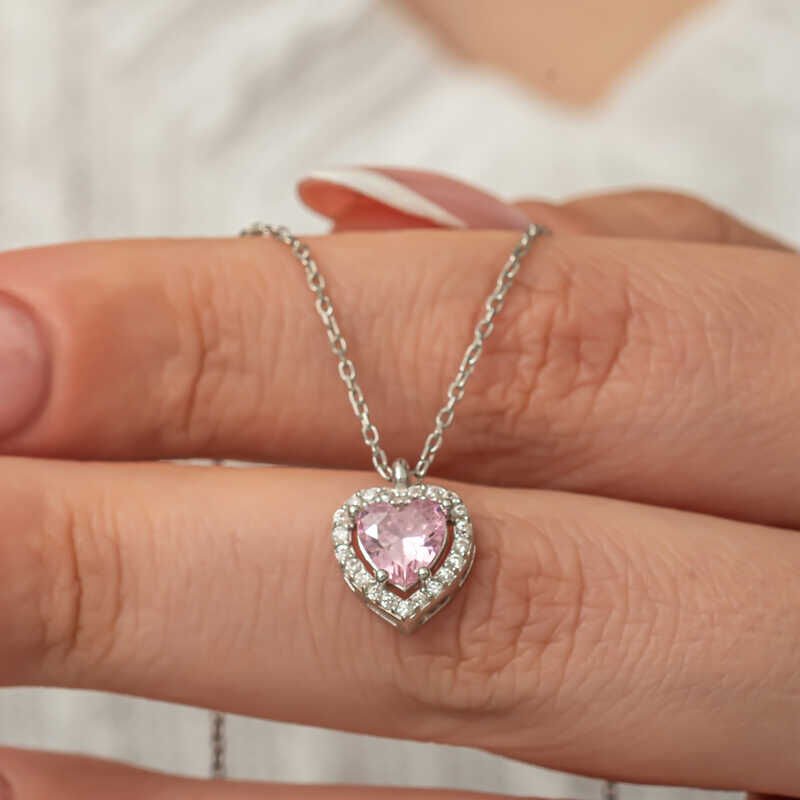 Silver Pink Heart Women's Necklace
