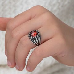 Silver Red Zircon Stone Children's Men's Ring