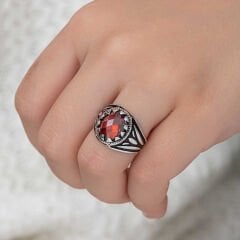Silver Red Zircon Stone Children's Men's Ring