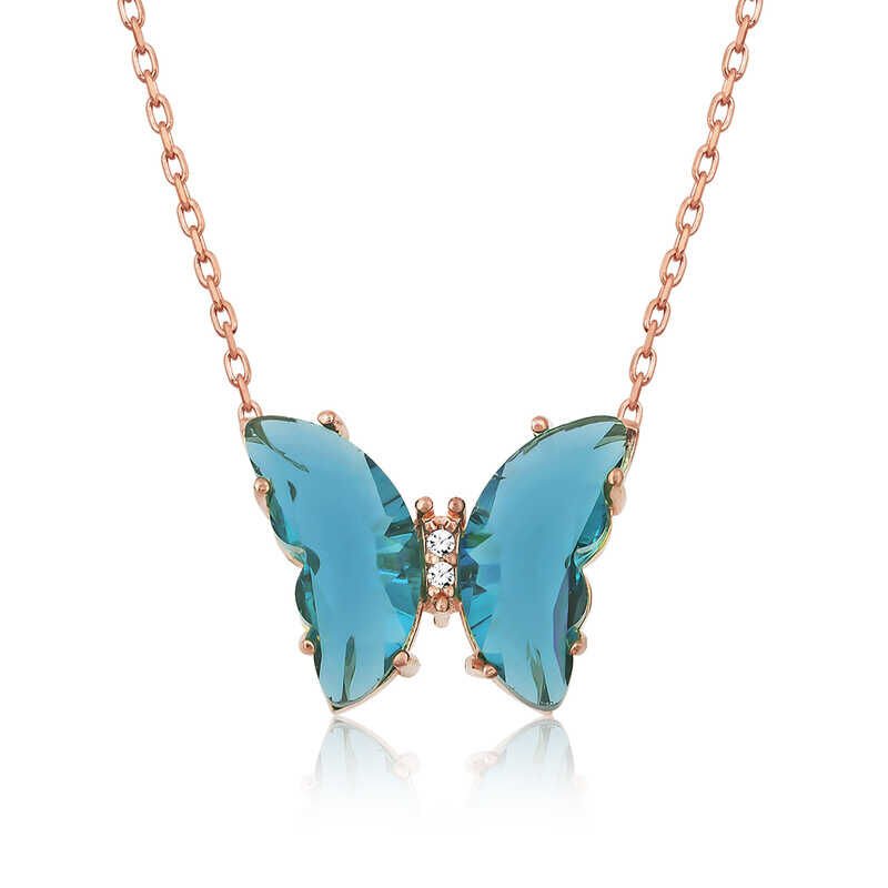 Collar de mariposa de cristal turquesa rosa plateado