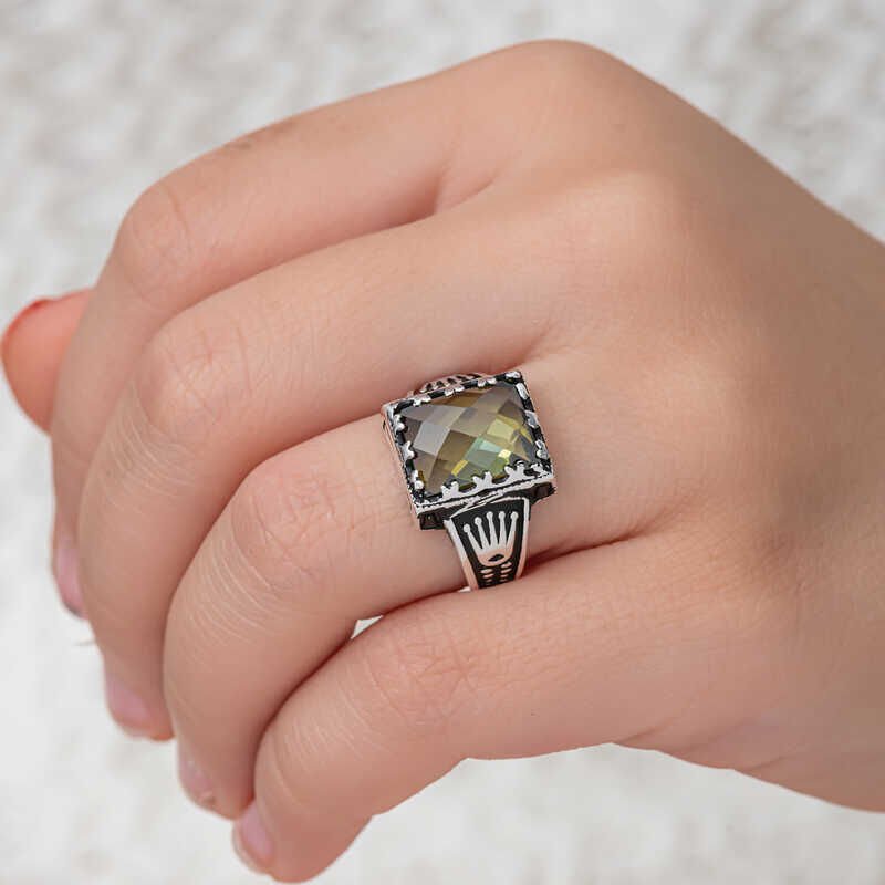 Silver Olive Green Zircon Stone Children's Men's Ring