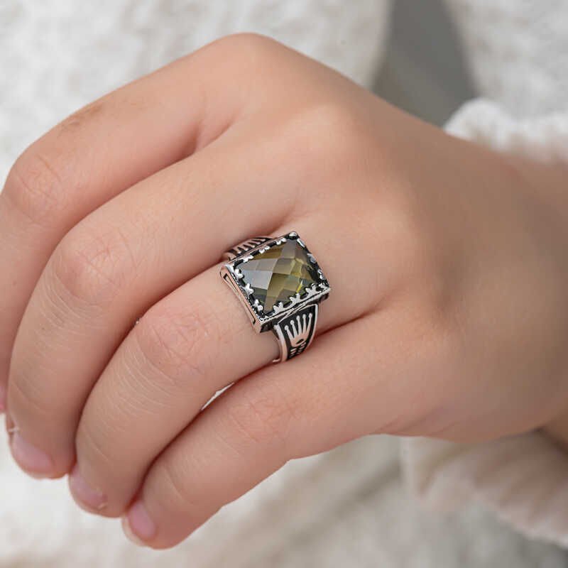 Silver Olive Green Zircon Stone Children's Men's Ring