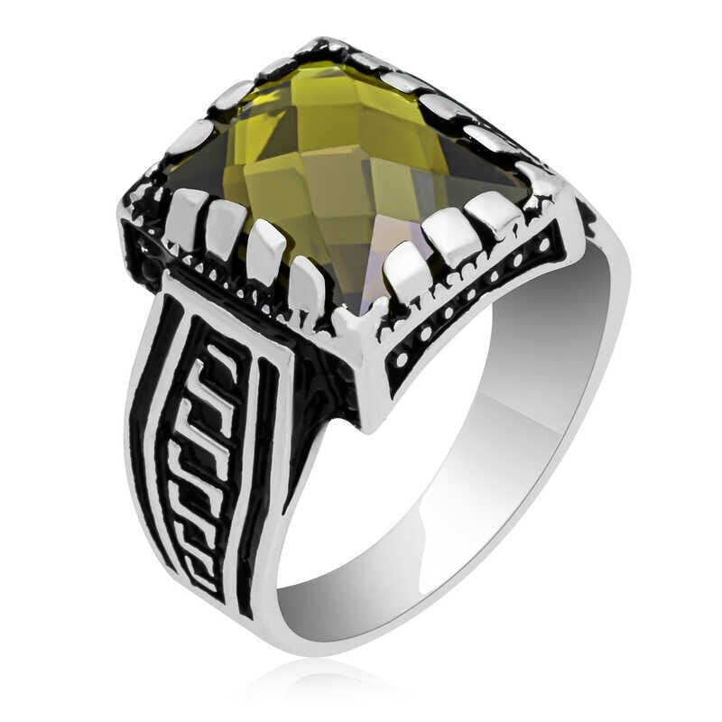 Silver Olive Green Zircon Stone Children's Men's Ring