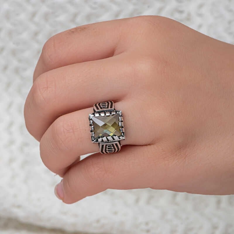 Silver Olive Green Zircon Stone Children's Men's Ring