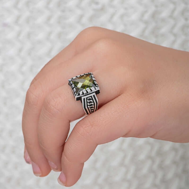 Silver Olive Green Zircon Stone Children's Men's Ring