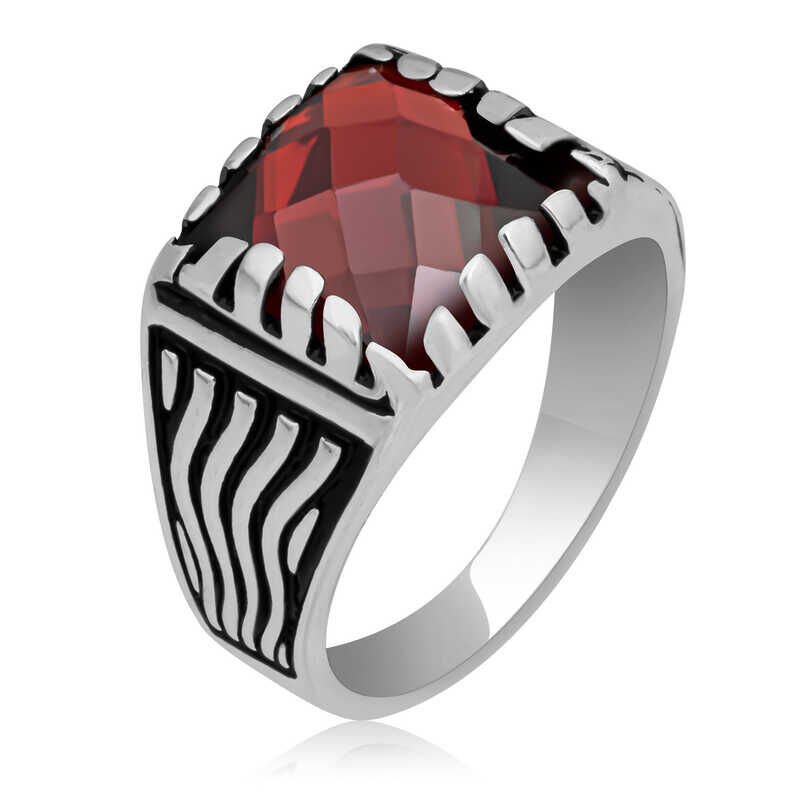 Silver Red Zircon Stone Children's Men's Ring