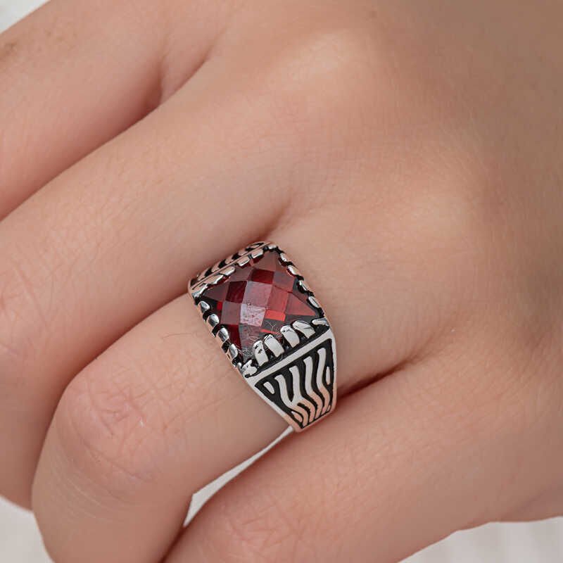 Silver Red Zircon Stone Children's Men's Ring