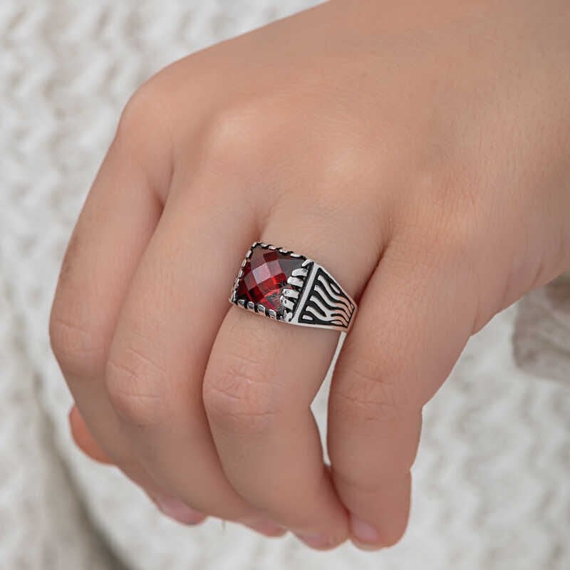 Silver Red Zircon Stone Children's Men's Ring