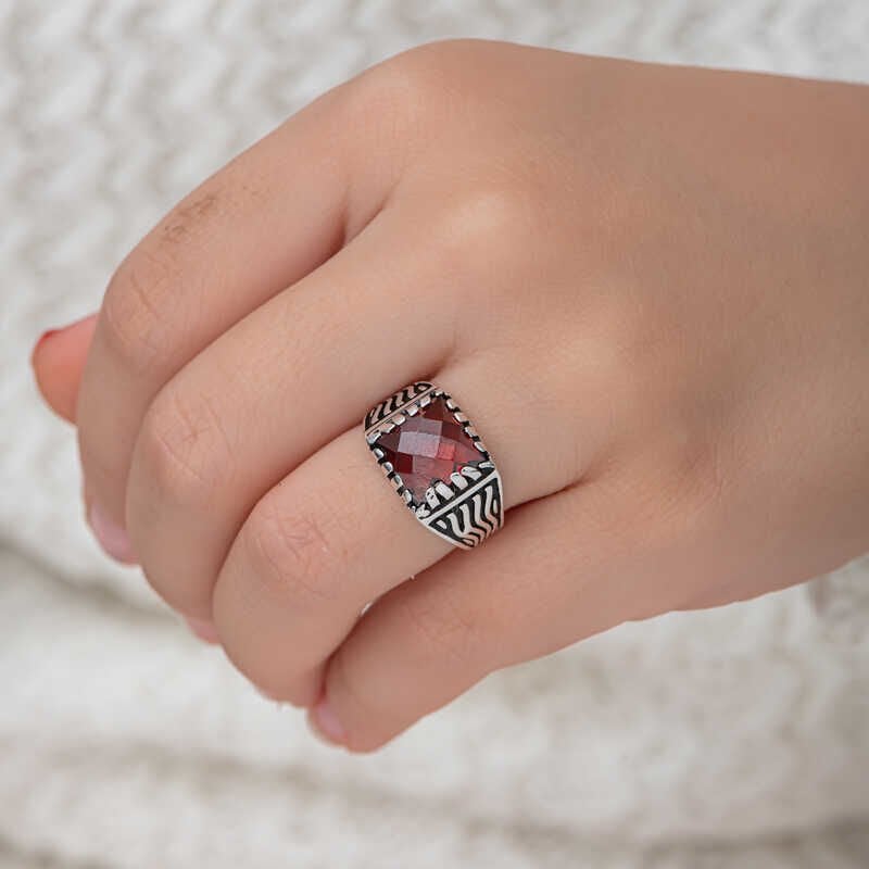 Silver Red Zircon Stone Children's Men's Ring