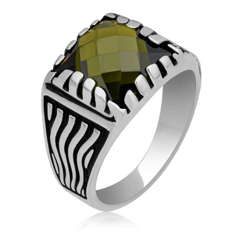 Silver Olive Green Zircon Stone Children's Men's Ring