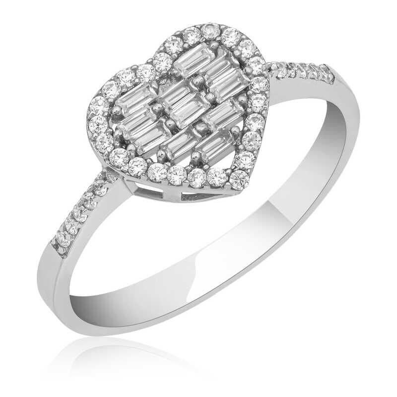 Silver Baguette Stone Heart Women's Ring