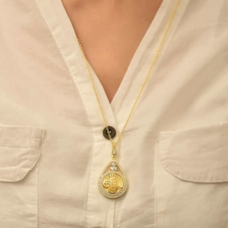 Silver Gold Plated Drop Tughra Women's Necklace