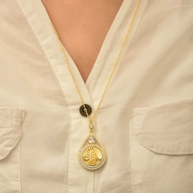 Silver Gold Plated Drop Tughra Women's Necklace