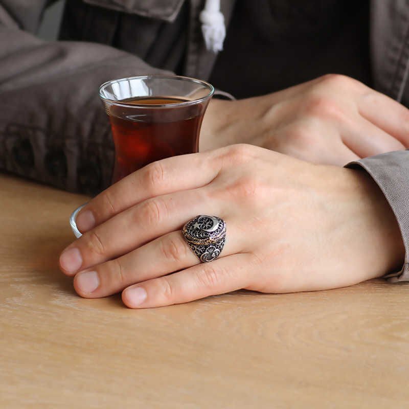 Silver Crescent Star Men's Ring