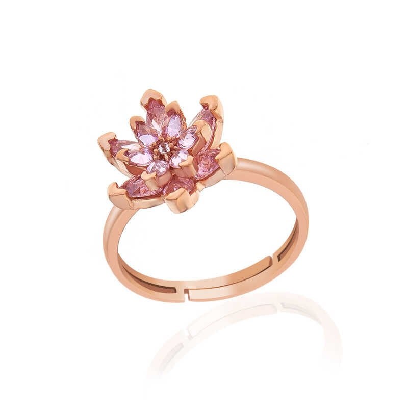 Silver Rose Pink Stone Lotus Flower Women's Ring