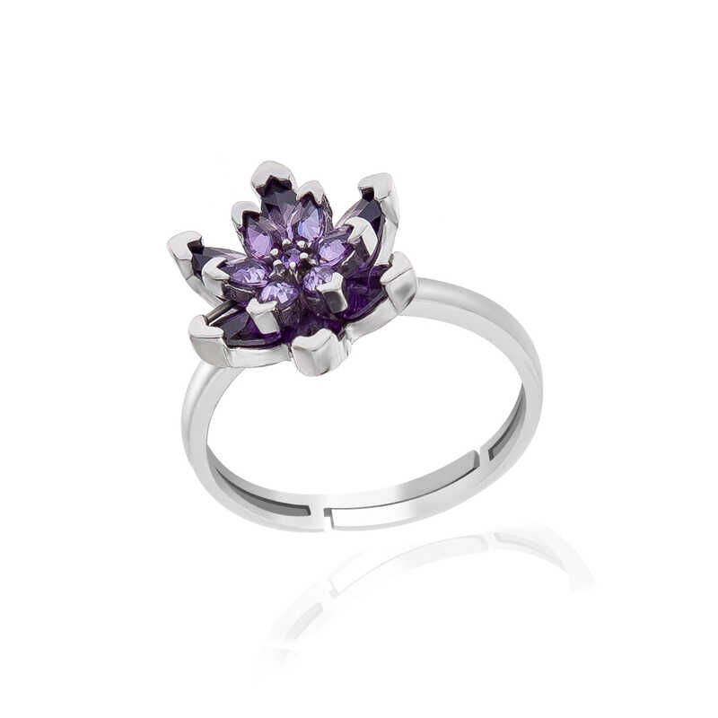 Silver Purple Stone Lotus Flower Women's Ring