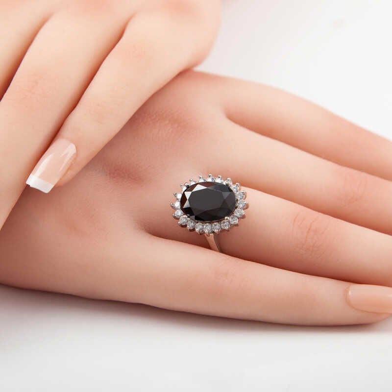 Silver Black Stone Oval Women's Ring