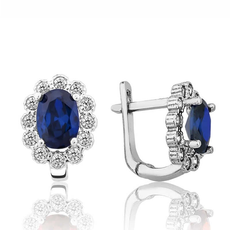 Silver Blue Flower Patterned J Women's Earrings